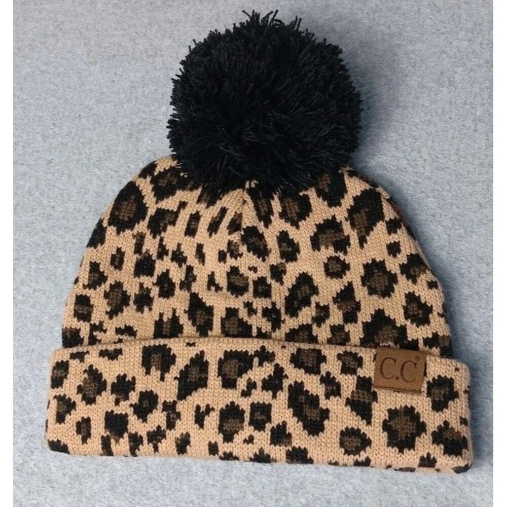 C.C. Exclusives Beanie Hat Women Leopard Print Tan Black Pom Pom Winter Cap Knit